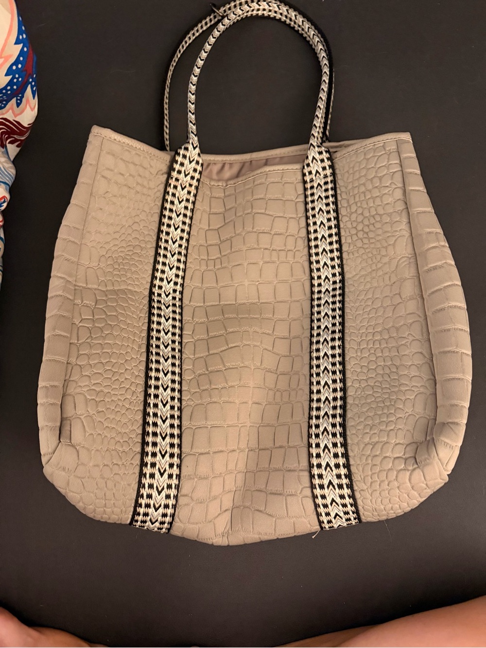 Taupe Croc-Texture Tote Bag with Contrast Straps